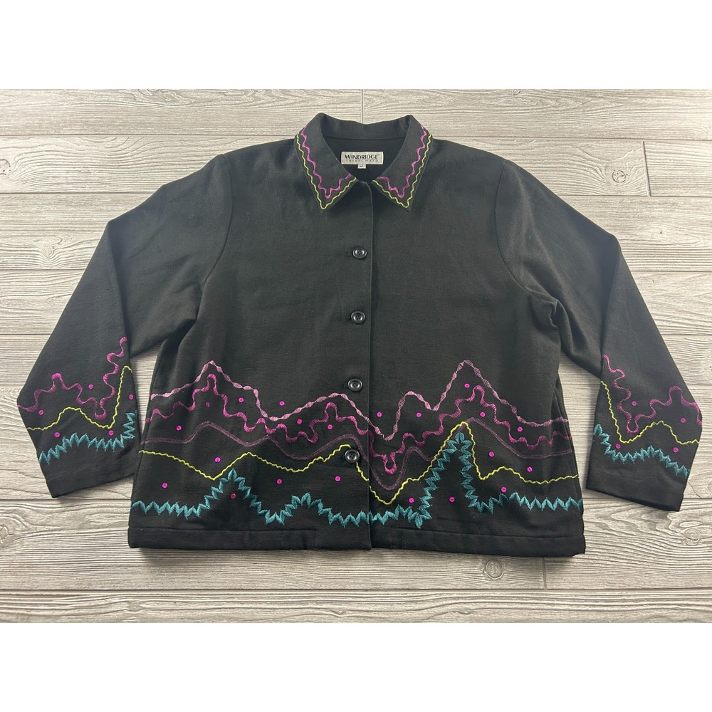 Windridge Cheryl Nash Womens Jeans Jacket Black Colored Embroidery XL